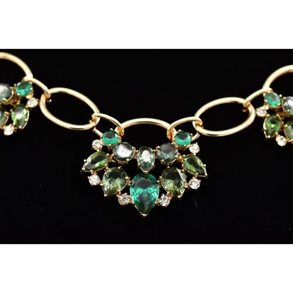 Carolee Vintage Crystal Collar Necklace Green Bezel Gold Glitz Signed Y2K BinA17
